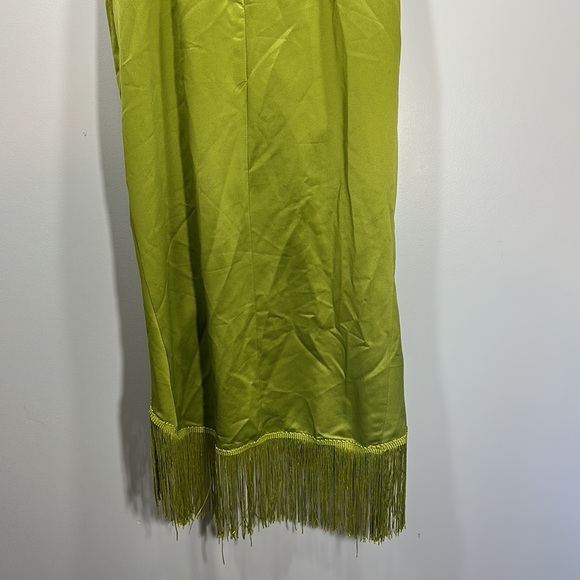 PrettyLittle Thing Olive Satin Bardot Tassel Hem Draped Midi Dress Satin Formal - Picture 16 of 16